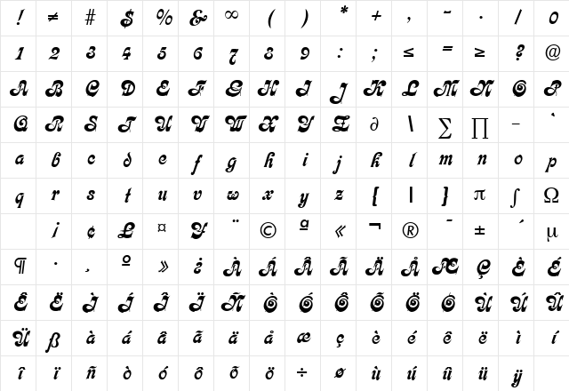 Calligraphia DB Medium Character Map Calligraphia DB Medium Character Map