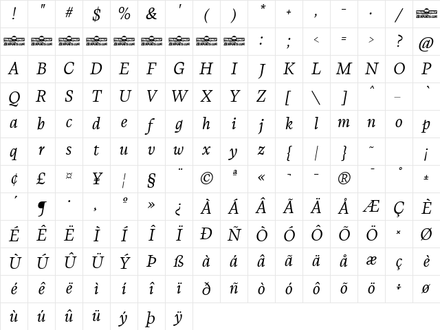 CalvinoTrial Book Italic Character Map