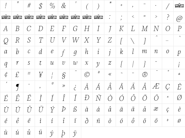 CalvinoTrial Extralight Italic Character Map