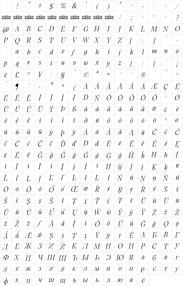 Calvino Grande Trial Light Italic Character Map