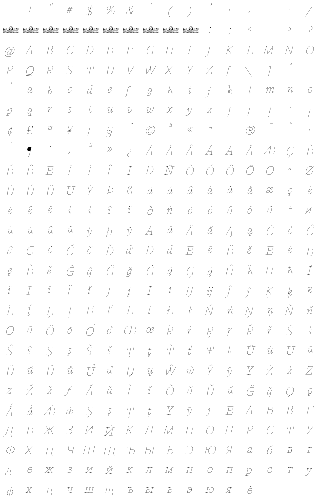 Calvino Grande Trial Monoline Italic Character Map