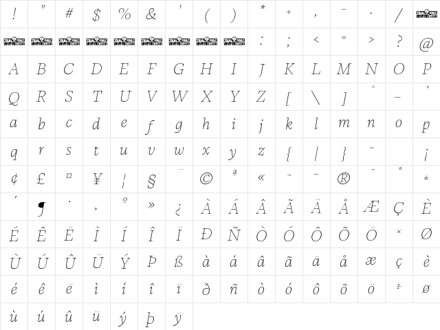 CalvinoTrial Thin Italic Character Map