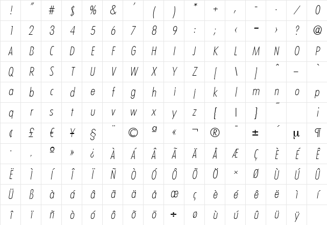 LimerickCdSerial-Xlight Italic Character Map