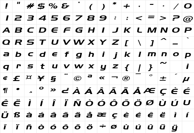AeroExtended Italic Character Map