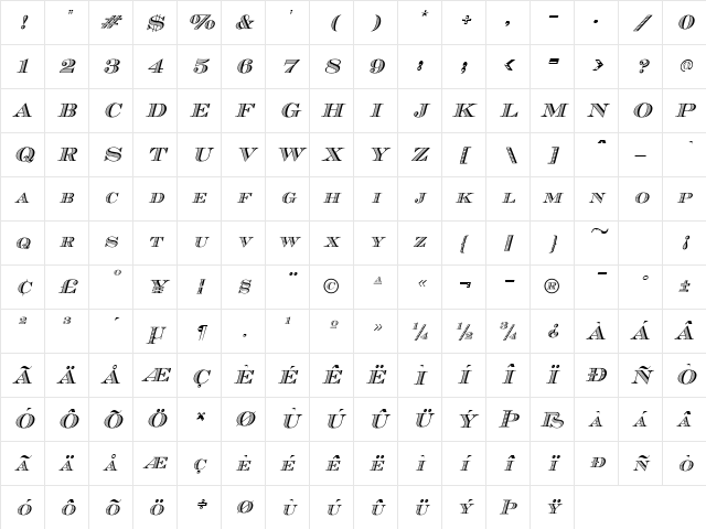 Cash Italic Character Map