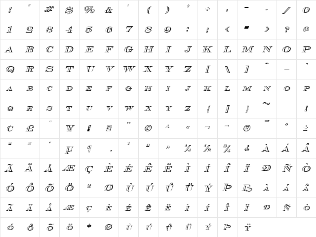 Cash Outline Italic Character Map