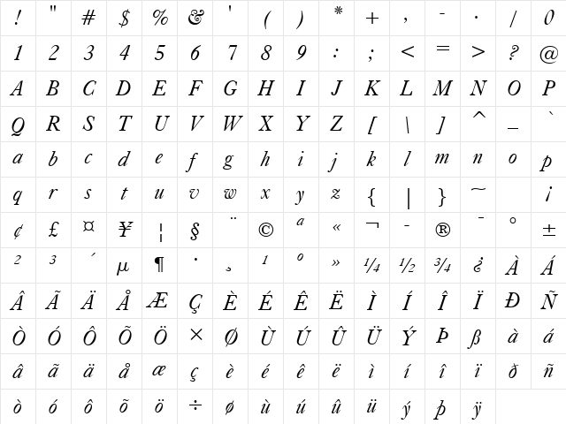 Caslon540 BT Italic Character Map Caslon540 BT Italic Character Map