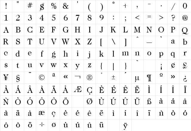 Caslon Regular Character Map