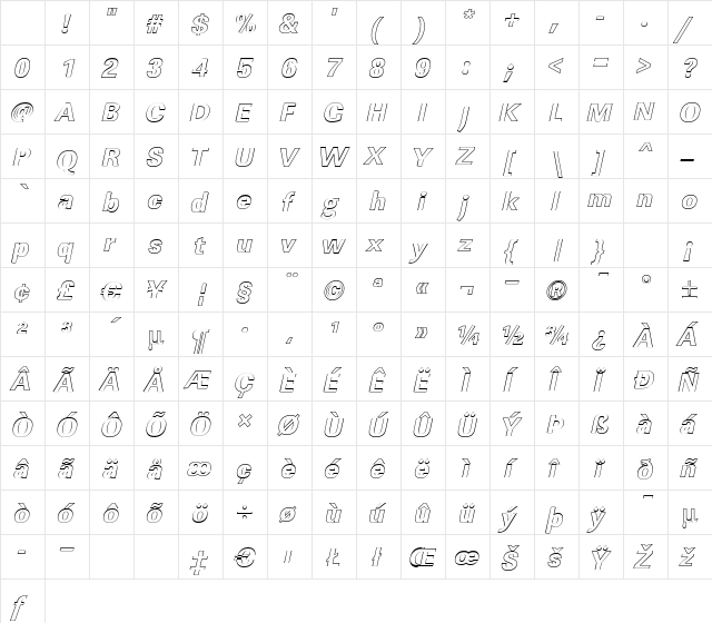 LinearOu-Xbold Italic Character Map LinearOu-Xbold Italic Character Map