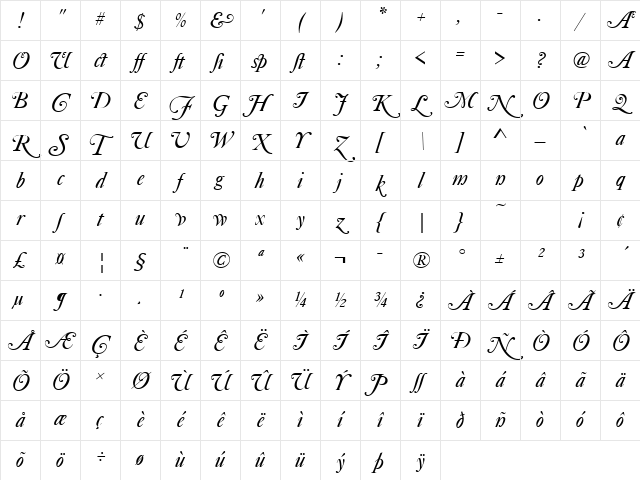 Caslon Becker No540 Swash Alt Italic Character Map