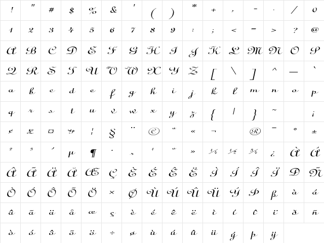 CathedralExtended Italic Character Map