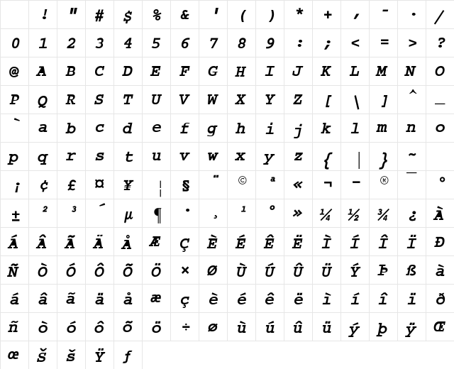 Courier Dark Bold Italic Character Map