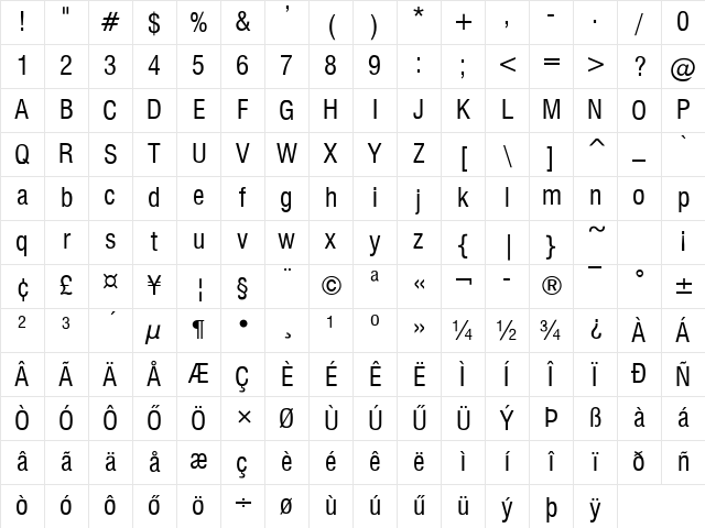 Corporate Condensed Regular Character Map