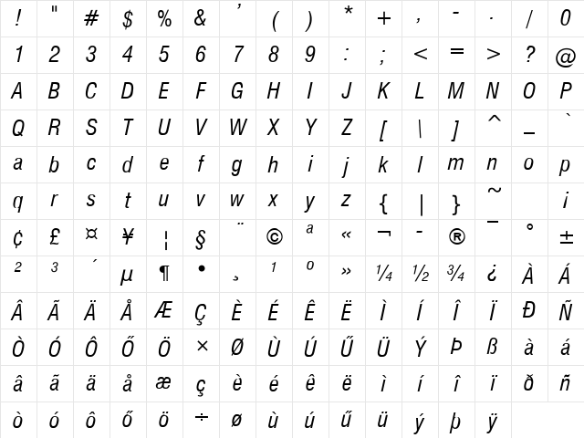 Corporate Condensed Italic Character Map