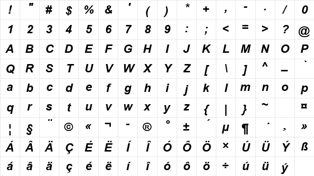 Arial CE Bold Italic Character Map
