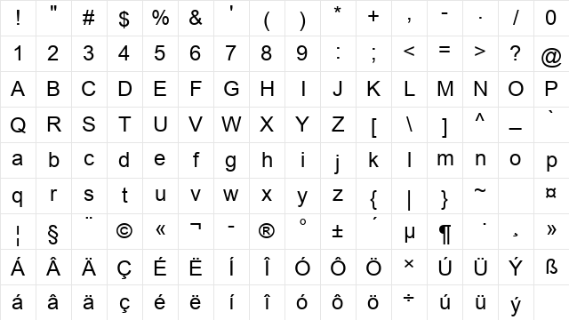Arial CE Regular Character Map