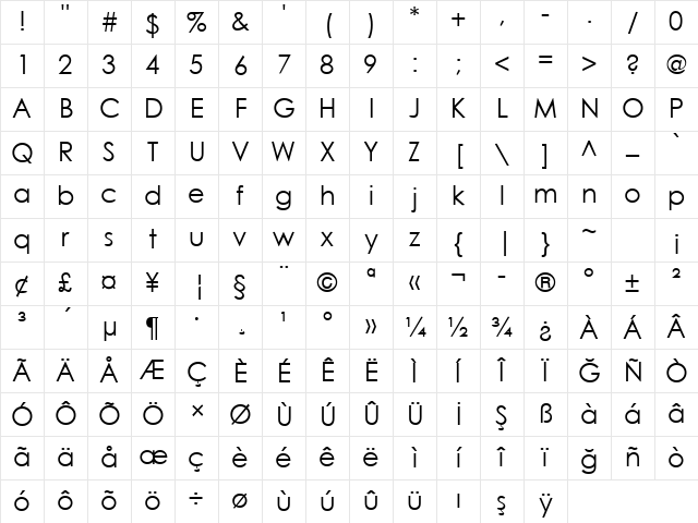 Century Gothic Regular Character Map