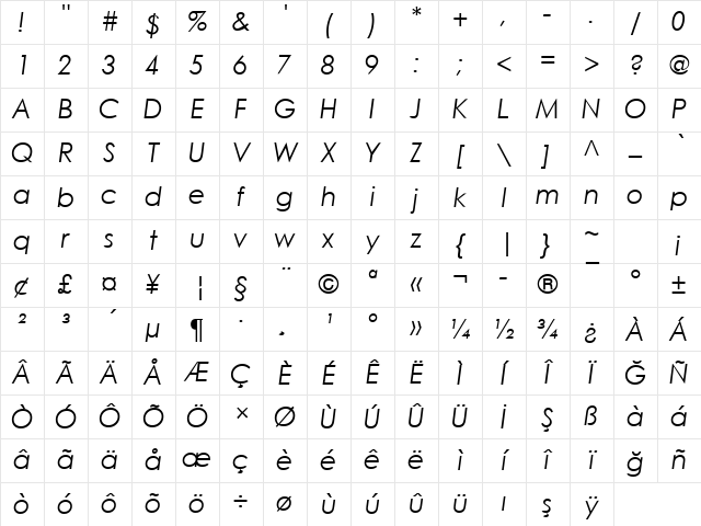 Century Gothic Italic Character Map