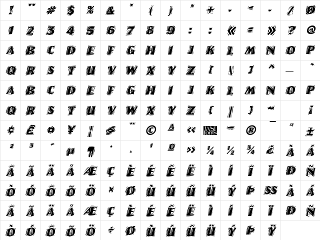 LinoLetterCutRagged Italic Character Map
