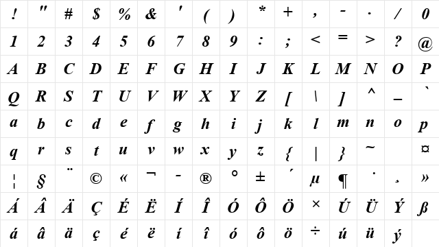 Times New Roman CE Bold Italic Character Map