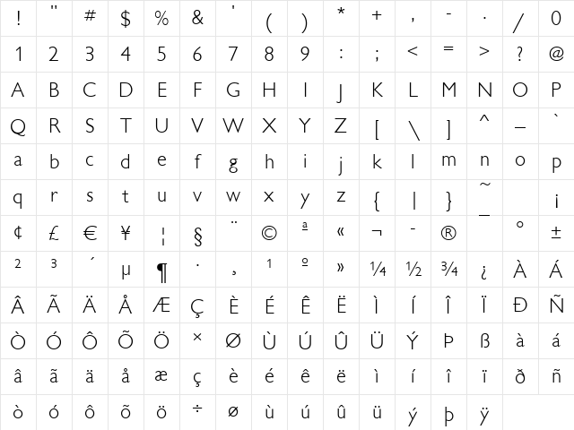 Chantilly-Light Regular Character Map
