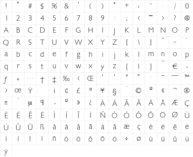 Chantilly-Xlight Regular Character Map