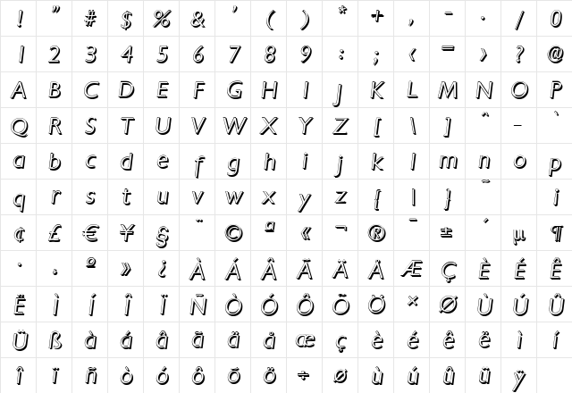 ChantillyShadow-Light Italic Character Map
