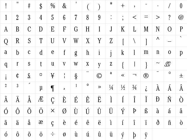 Cheltenham Light Condensed SSi Light Condensed Character Map