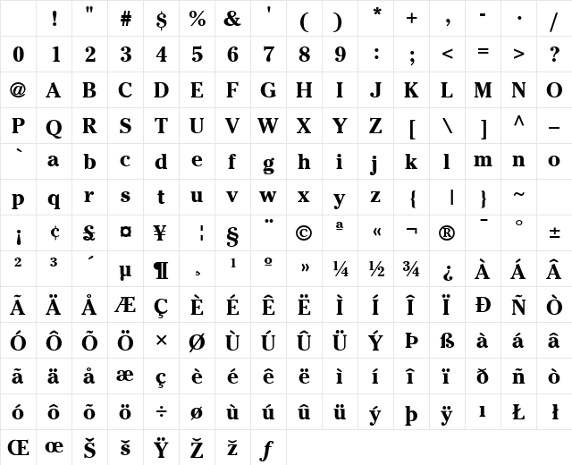 Cheltenham SSi Bold Character Map Cheltenham SSi Bold Character Map