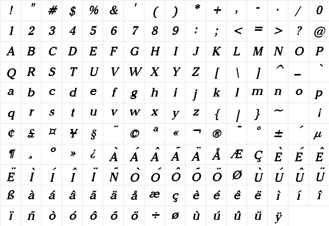 Chelsey Bold Italic Character Map