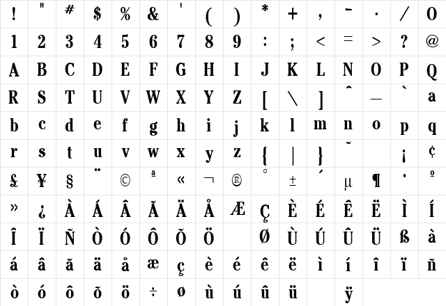 Cheltenham Condensed Bold Character Map