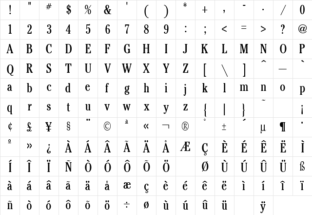 Cheltenham Condensed Regular Character Map