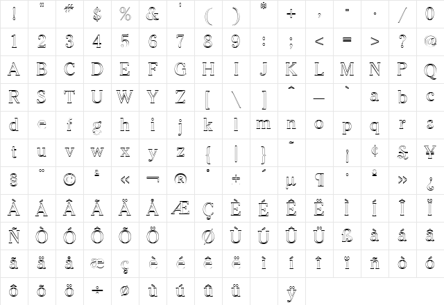Cheltenham Outline Regular Character Map