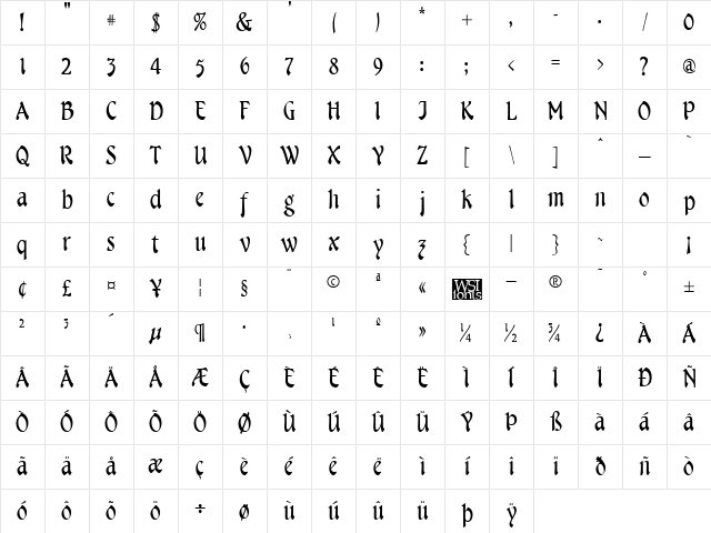 Cheshire Regular Character Map