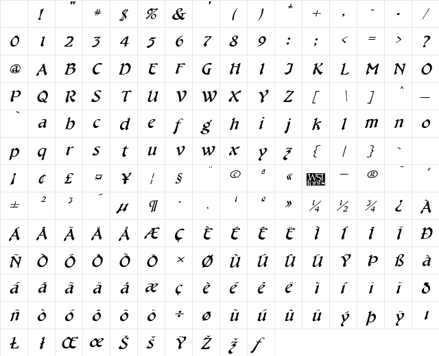 CheshireBroad Italic Character Map CheshireBroad Italic Character Map