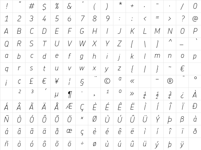 ChevinThinItalic Regular Character Map
