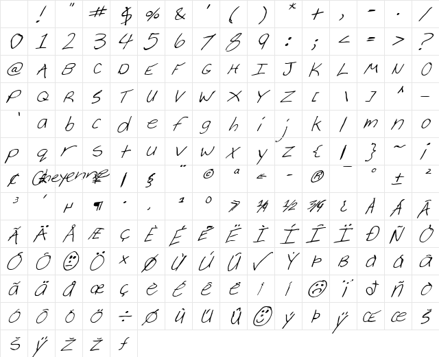 Cheyenne Hand Italic Character Map Cheyenne Hand Italic Character Map