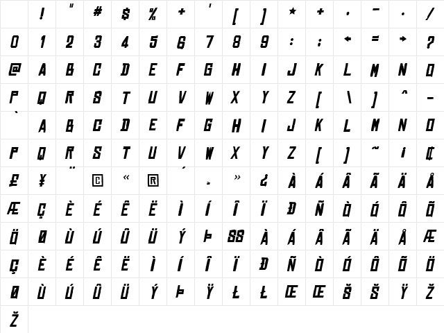 Chinese Rocks Bold Italic Character Map