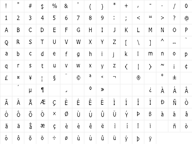 Chizzler Thin Regular Character Map