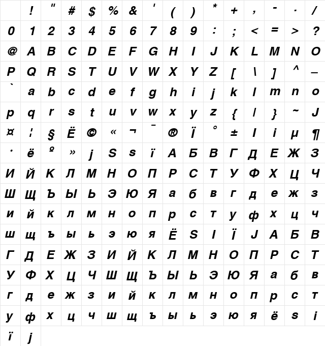 AGHelveticaCyr BoldOblique Character Map AGHelveticaCyr BoldOblique Character Map
