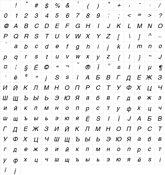 AGHelveticaCyr Oblique Character Map