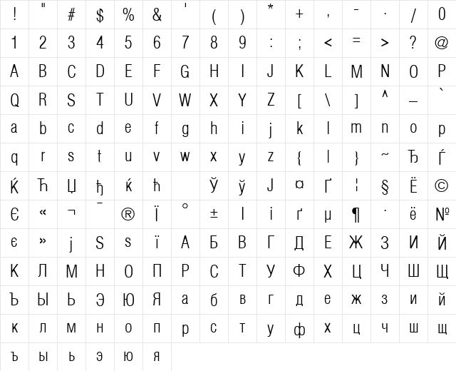 AGLettericaCondensedLight Roman Character Map