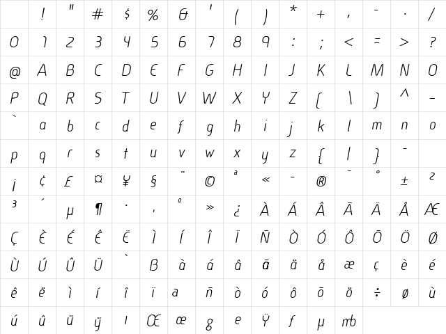 Cineplex LT Regular Italic Character Map Cineplex LT Regular Italic Character Map