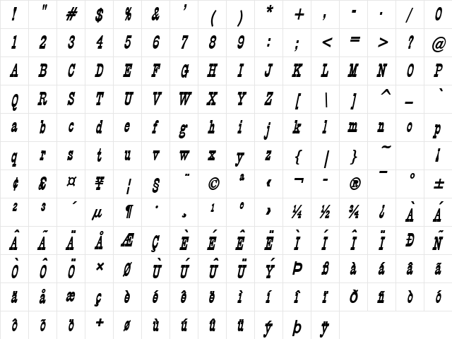 Circus Thin BoldItalic Character Map