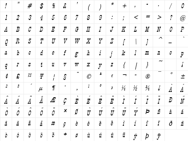 Circus Thin Italic Character Map