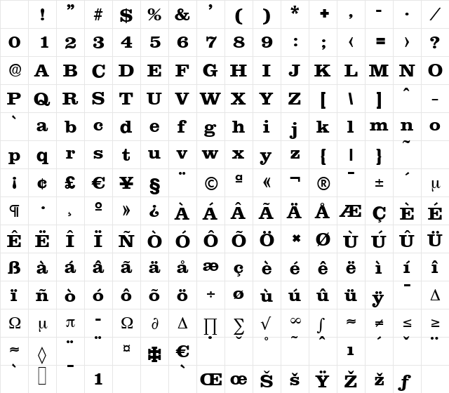 ClareSerial-Xbold Regular Character Map