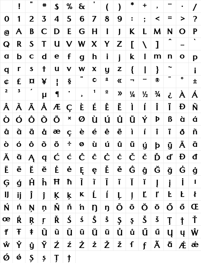 Classica Bold Character Map