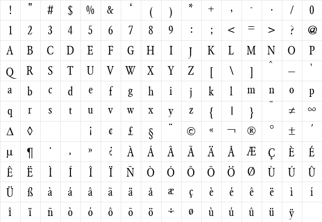 ClassicGaramondCond Regular Character Map