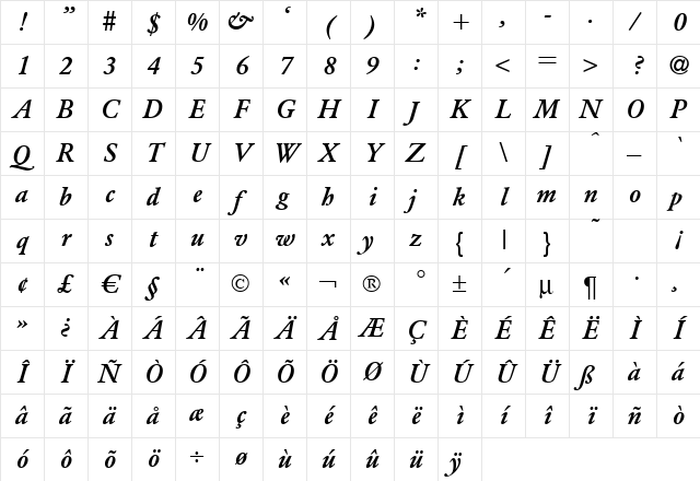 ClassicGarfeld Bold Italic Character Map