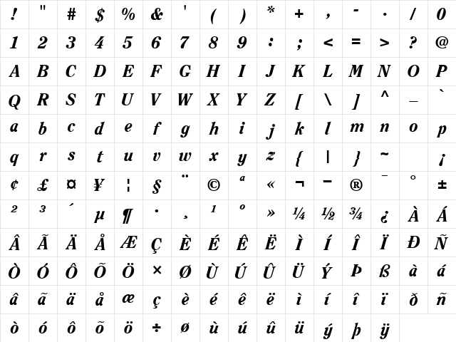 ClearfaceBlackSSK Bold Italic Character Map